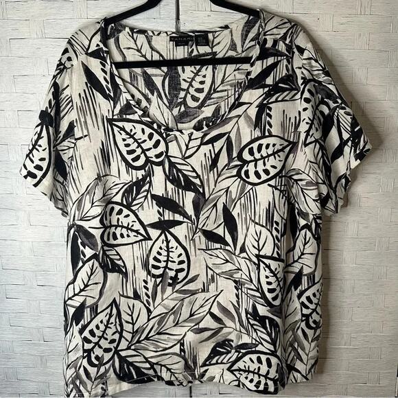 Tahari Women's Leaf Print 100% Linen Short Sleeve Shirt Lightweight plus size - Picture 1 of 10